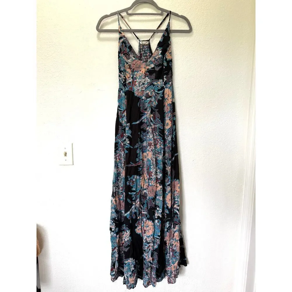Free People Through The Vine Maxi Dress Carbon Black Floral Sz XS Boho Garden